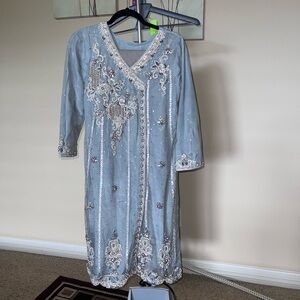 Elegant Long Sleeve Embellished Dress - Ice Blue